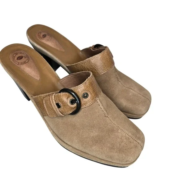 Nurture Footwear Fox Tail Tan Suede Leather Buckle Clogs Mules Shoes Size 10M - Picture 1 of 8